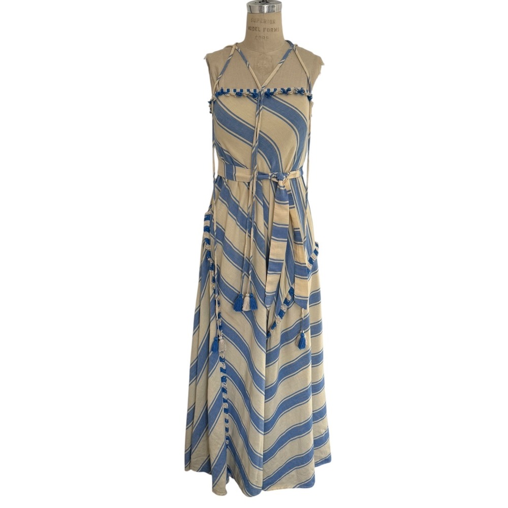 Dodo Bar Or Maxi Dress Blue Cream Striped Tassel Cotton Size Small